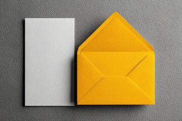 Blank white card and a bright yellow envelope on gray surface