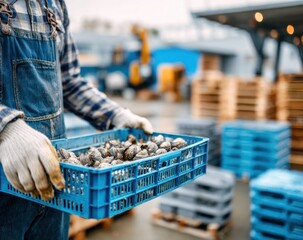 Worker Carrying Tray of Oysters at Oyster Farm.