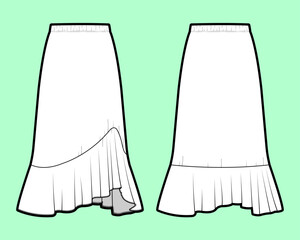 Asymmetrical Ruffle Hem Midi Skirt - Technical Flat Sketch