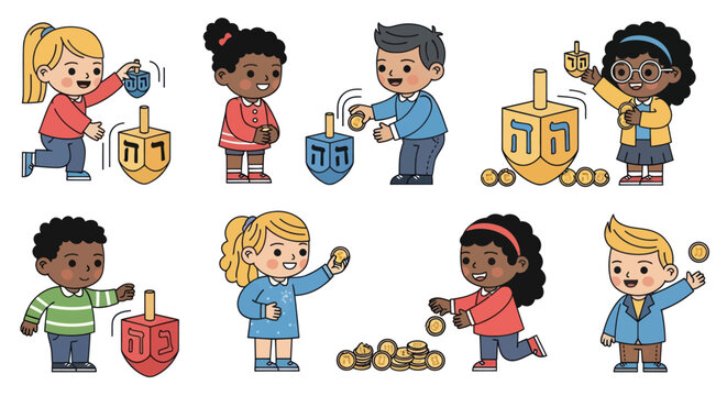 Diverse Children Playing Dreidel Game for Hanukkah Celebration.