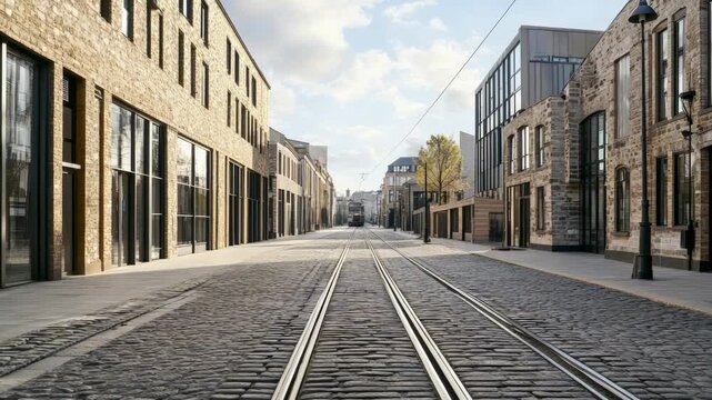 Empty cobblestone street with modern tram rails in the city center, featuring contemporary and renovated buildings, reflecting a blend of urban development and historical preservation