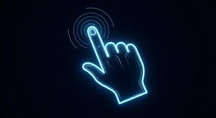 Glowing blue hand with finger extended touching a point with concentric circles on a black background