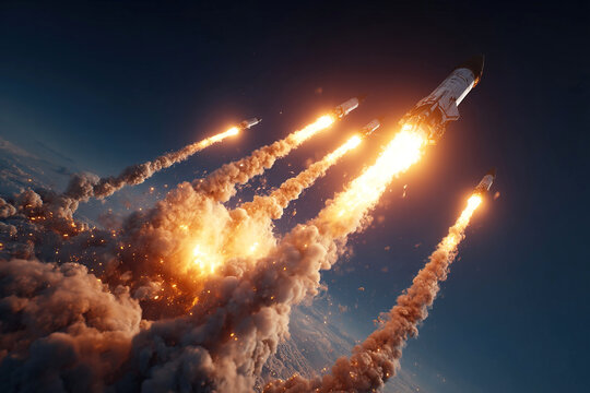 Group of military projectiles soaring through the sky during an aggressive war attack