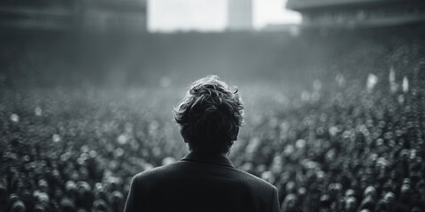 Man addresses large audience of 10000 people at speech event in lecture hall