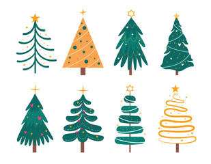 Obraz premium Set of modern Christmas trees in flat style with stars, ornaments, and creative shapes.