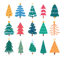 Collection of colorful flat-style Christmas trees with stars, ornaments, and festive decorations.