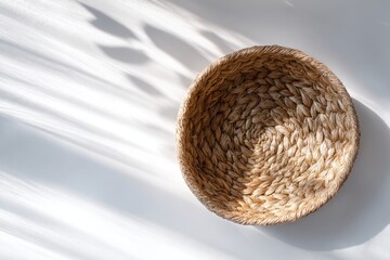 Woven Straw Basket with Sunlight and Shadows on White Background.