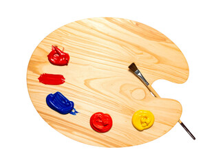 Wooden Artist Palette with Vibrant Acrylic Paints and Brush, Creative PNG