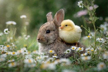 Cute bunny and chick in a meadow