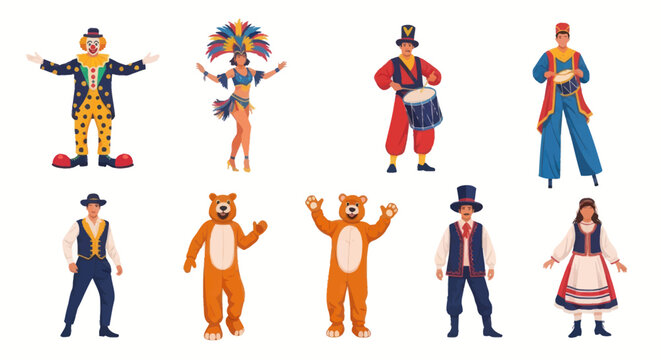 Diverse Performers in Colorful Costumes: Clown Dancer Drummer Stilt Walker Cowboy Bears and More.