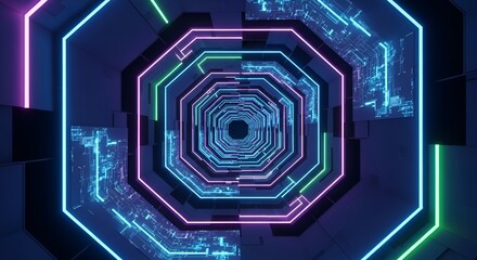 Abstract neon tunnel with octagon shapes glowing in pink green and blue against a dark background