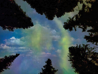 The sky is filled with stars and the aurora borealis
