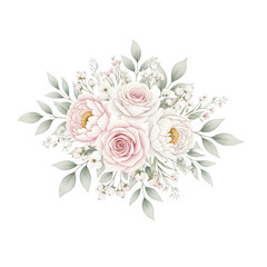 Delicate pastel pink roses and white peonies floral arrangement with soft green leaves