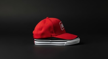 Red baseball cap with white logo on black background. Fashion accessory and sportswear. Apparel design concept.