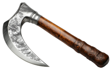 Vintage ice axe with hand-carved wooden handle, isolated on a transparent background.