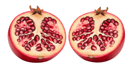 Fresh ripe pomegranate with one cut in half isolated on white background, juicy red fruit with seeds, healthy organic food rich in antioxidants, vitamins, nutrition, and natural tropical freshness con