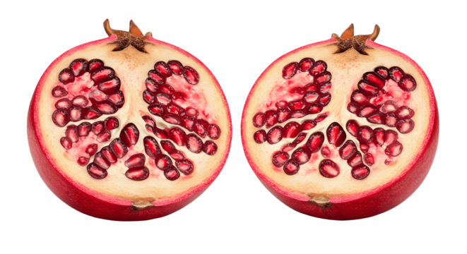 Fresh ripe pomegranate with one cut in half isolated on white background, juicy red fruit with seeds, healthy organic food rich in antioxidants, vitamins, nutrition, and natural tropical freshness con