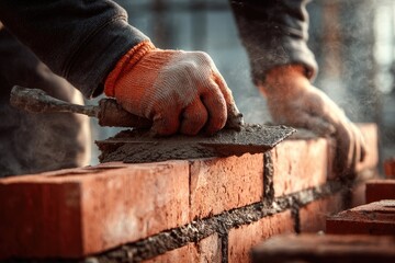 A close-up view of a bricklayer's hands using a trowel to apply mortar