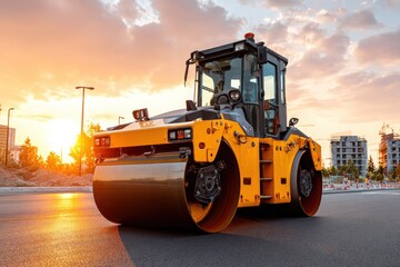 Yellow Road Roller Compactor on Asphalt at Sunset.