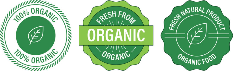 Set of green organic product badges with leaf. organic food labels isolated on a white background