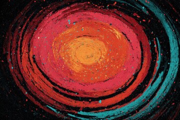 Colorful crayon-style artwork showing a swirling, galaxy-like form, with vibrant hues against a dark backdrop