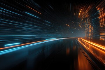 Abstract tunnel illustration with vibrant blue and orange light streaks, futuristic and dynamic