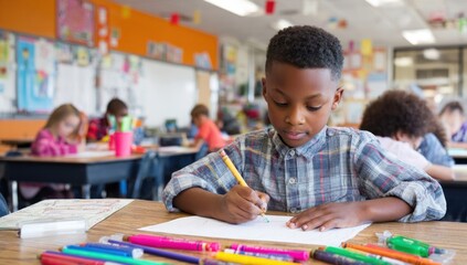 Young African American boy focused on writing at his desk in a classroom setting.