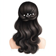 A woman's hair elegantly styled, hair with gentle waves and adorned with pearl hairpins