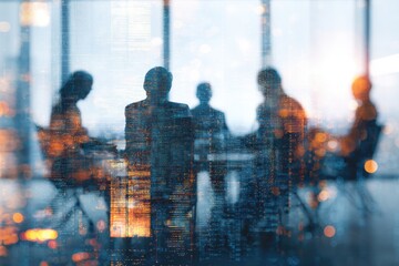 Silhouette of a business team in a meeting, with cityscape background, blurred in focus