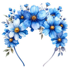 Watercolor Blue Flower Wreath with Golden Centers on Transparent Background,clipart, cut out, no background ,PNG die-cut for advertising