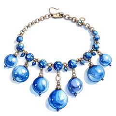 Watercolor Illustration of a Beaded Necklace with Gold Chain and Blue Pendant on Transparent,clipart, cut out, no background ,PNG die-cut for advertising