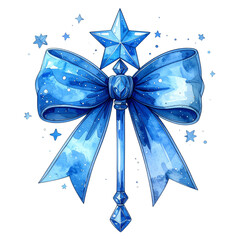Watercolor Blue Star Topped Magic Wand with Elegant Bow Design on Transparent Background,clipart, cut out, no background ,PNG die-cut for advertising