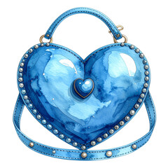 Watercolor Blue Heart Shaped Bag with Rhinestone Studs on Transparent Background,clipart, cut out, no background ,PNG die-cut for advertising