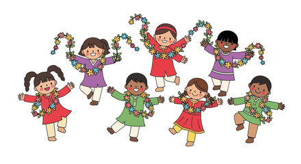 Diverse group of children celebrating with colorful garlands and festive attire.