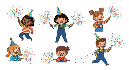 A diverse group of happy cartoon children wearing party hats and celebrating with festive sparklers.