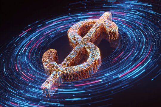 A digital dollar sign made of interconnected lines in a spiral of light - Powered by Adobe