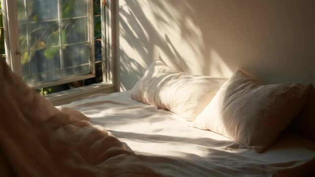 Soft, rumpled bedding bathed in warm sunlight filtering through a window with leafy shadows