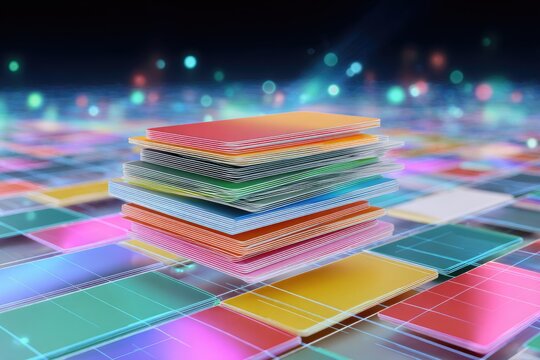 Stack of folders atop a digital grid with bokeh, suggesting data management and organization - Powered by Adobe