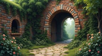 Fototapeta premium Medieval Brick Garden Arch with Ivy, Enchanted Village Fantasy Atmosphere