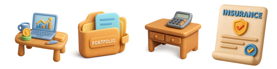 3D clay insurance office and policy document icons set – vector illustration