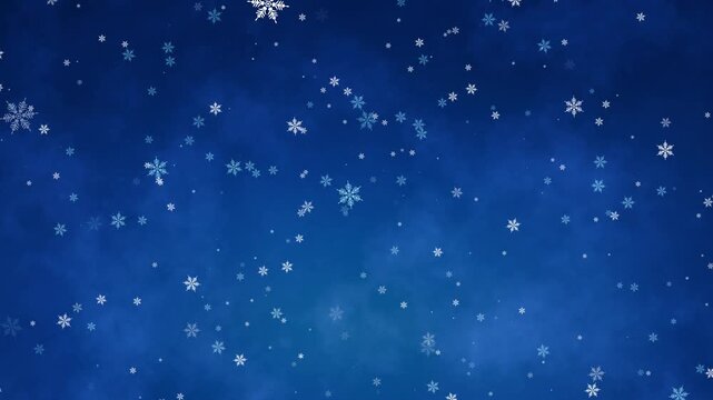 Snowflakes falling slowly and gracefully, snowfall with crystalline flakes drifting slowly across deep blue background, loopable festive xmas winter scene
