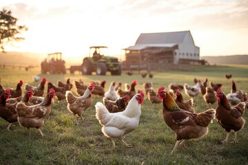 Chickens foraging in a rural field at sunset.
