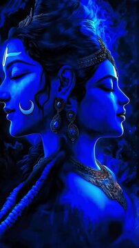 Indian Hindu God, Spiritual Ardhanarishvara portrait, male female deity merging in blue ethereal light. Hinduism, Shiva-Parvati, divine union, peace. India, culture, devotion, worship. Divine love.