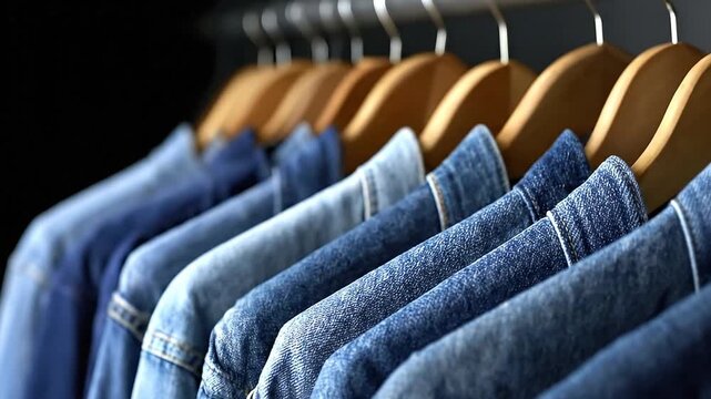 Row of denim shirts hung on wooden hangers in a closet with shades of blue varying on each shirt