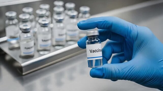 Gloved hand carefully handling vaccine vial in a sterile lab setting promising hope and medical advancement for global health solutions