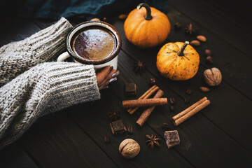 Female hands in sweater holding mug of hot chocolate, pumpkins and spices on rustic wooden background, cozy autumn scene