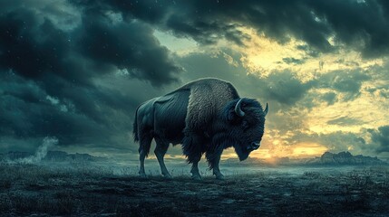 Majestic bison stands powerfully against a dramatic sunset sky, a symbol of resilience and the wild west, perfect for nature documentaries or conservation campaigns