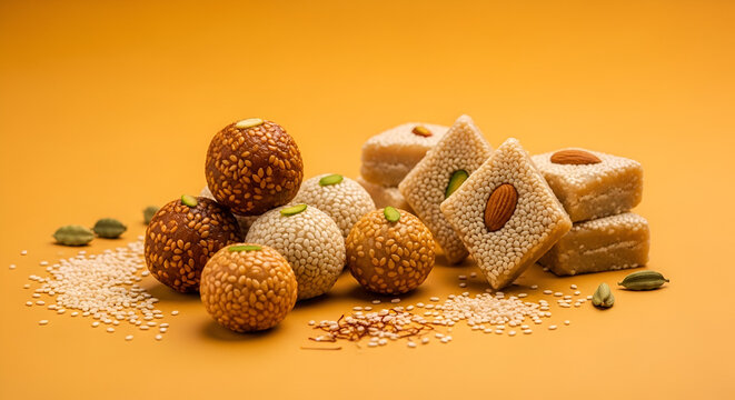 Makar sankranti tilgul hindu culture festival, Indian, tilgul laddu barfi, solid background copy space for social media posts, ad promos, banners