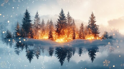 Enchanting winter wonderland with snow-covered fir trees glistening with golden light, reflected in serene waters for peaceful Christmas holiday vibes and magical seasonal greetings