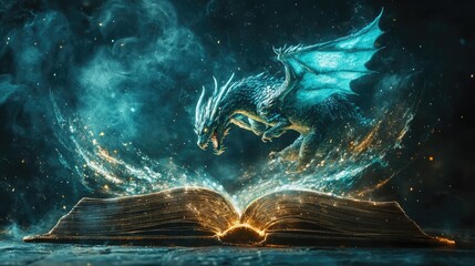 Majestic dragon soaring from an ancient, glowing book of fantasy and adventure, perfect for captivating book covers, game designs, and enchanting mythical stories